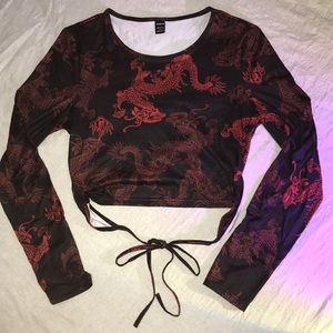 SHEIN Chinese Dragon Print Tie Back Crop Top